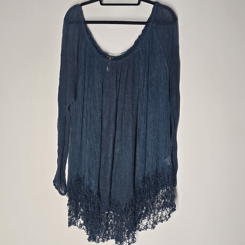 Free‎ People Boho Oversize Gauze Sheer Tunic Dress Lace Trim Long Sleeve Sz  XS